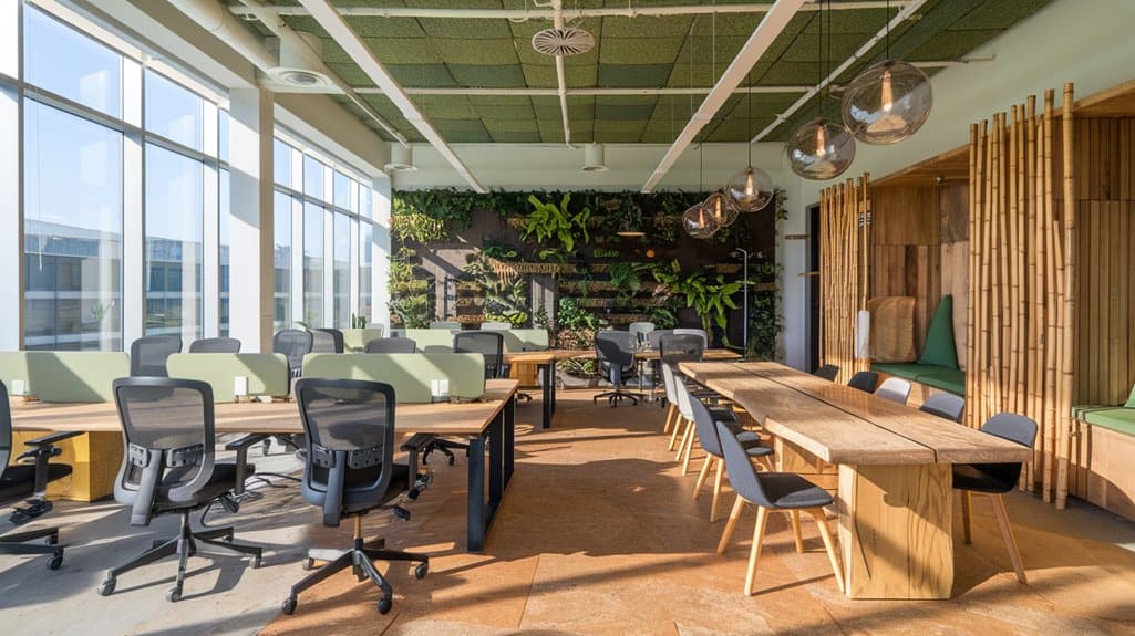 Modern collaborative workspace for designer charrette with ergonomic chairs, wooden tables, and natural light.