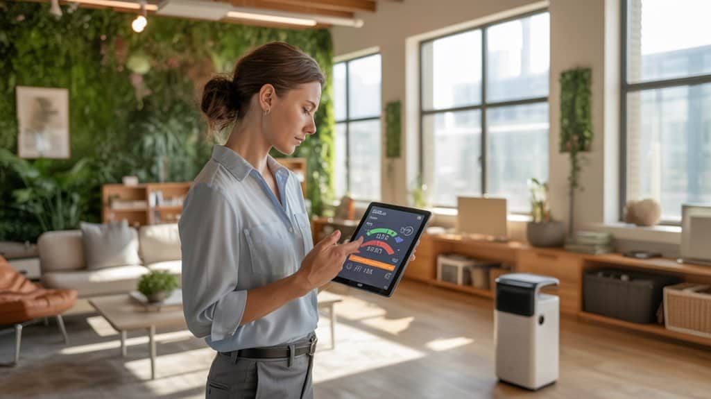 Smart woman analyzing data on a tablet in a modern, eco-friendly office environment for a designer charrette project.